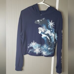 Disney Frozen II Elsa Cropped Hoodie Blue Snowflake Graphic M